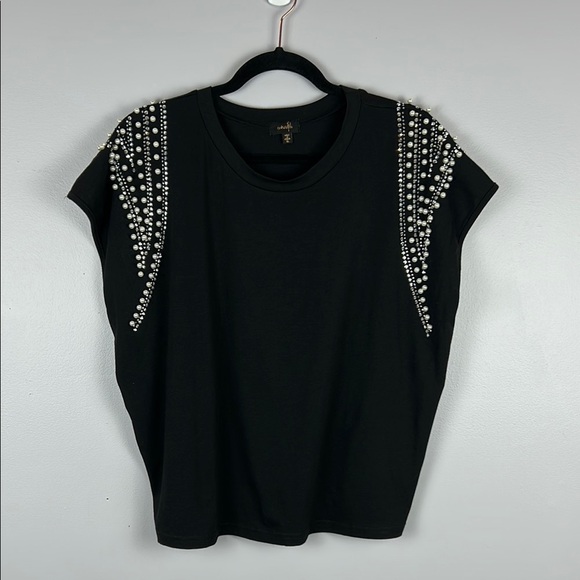 Ontwelfth Classic Embellished Pearl Rhinestone Short Sleeve Top XL Black - Picture 2 of 11